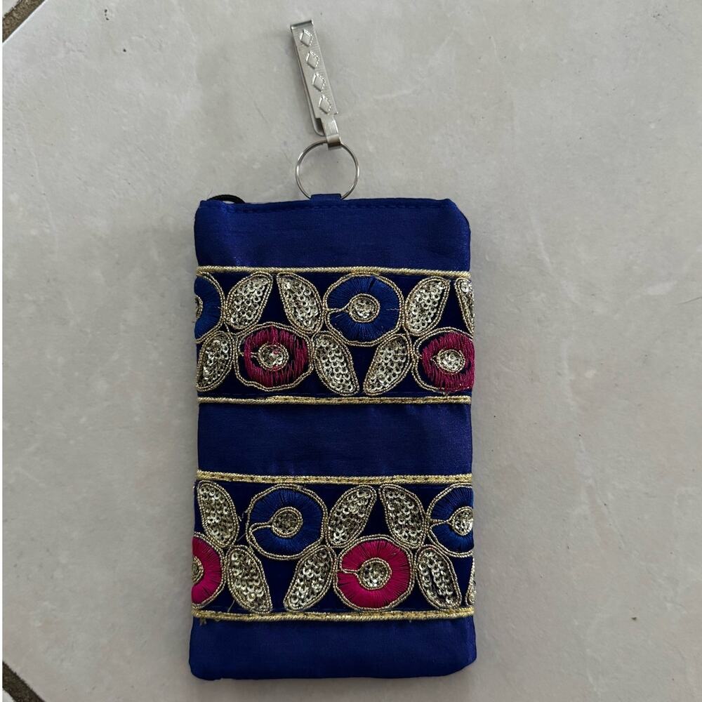 Blue / Gold Embroidered Phone Hook Pouch